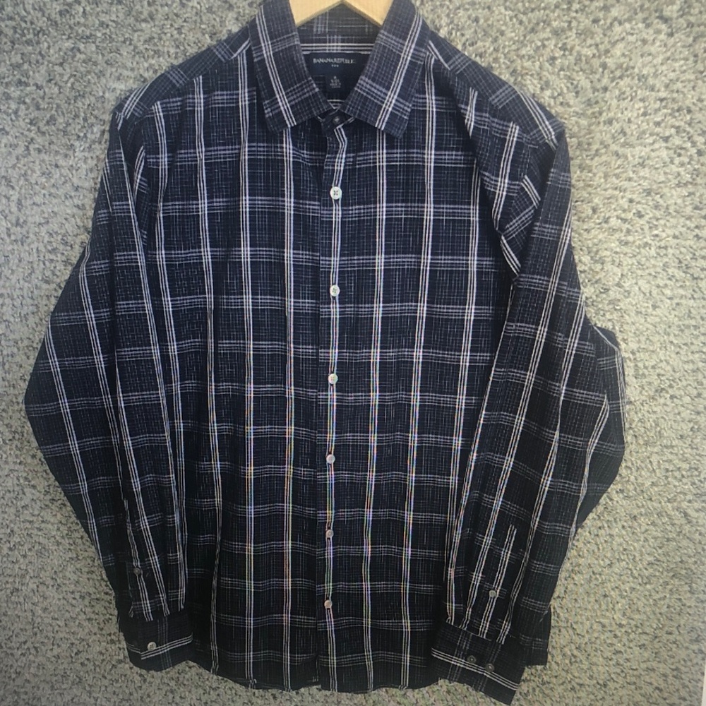 Sean John Navy and White Plaid Button-Down Shirt